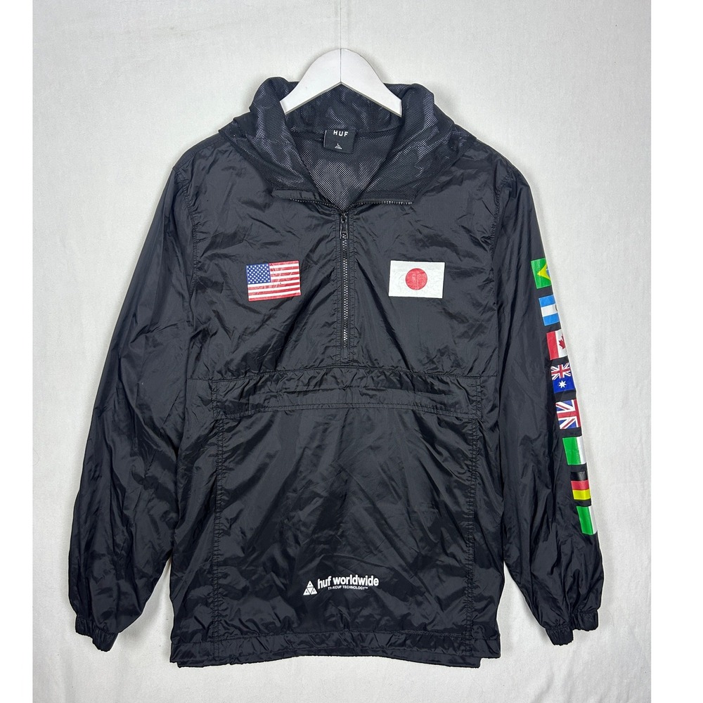 HUF Worldwide Mens Black International Flags Quarter Zip Windbreaker Jacket L